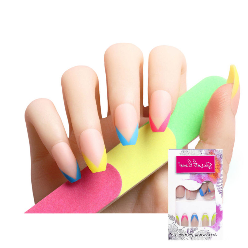 Designer Matte Ombre Skin Color With Lemon Pink & Blue Tips Design