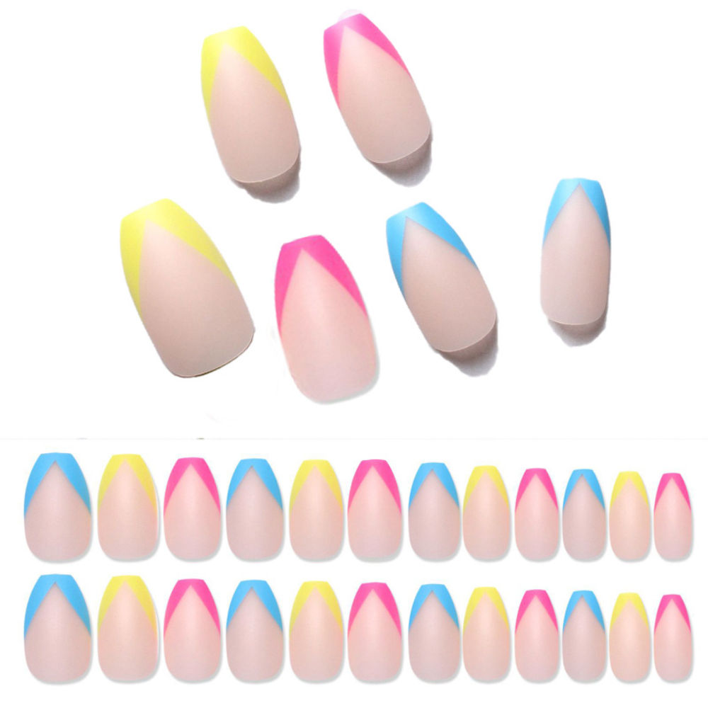 Designer Matte Ombre Skin Color With Lemon Pink & Blue Tips Design