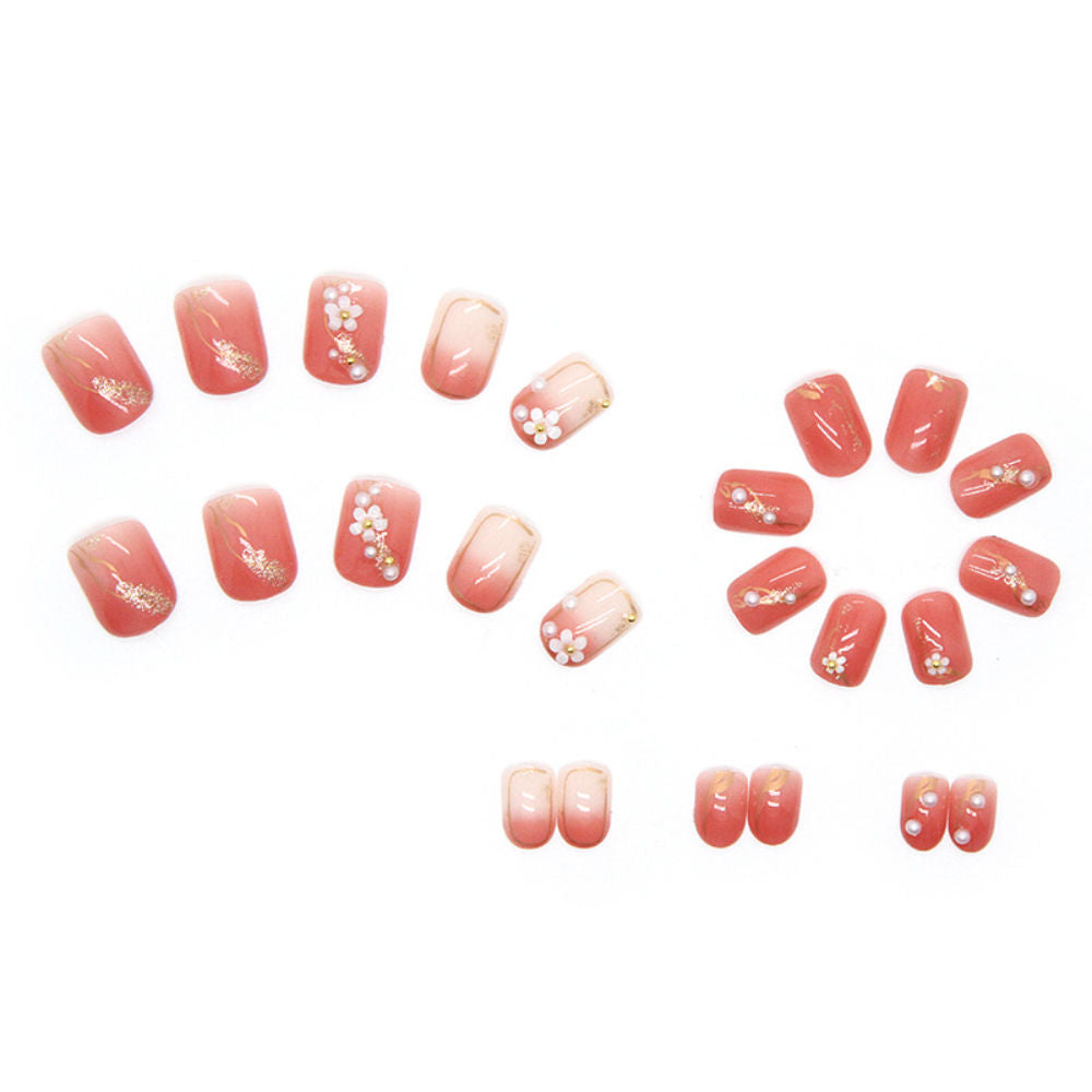 Glossy Redish Peach Color 3D White Flower With White Golden Pearl & Golden Glitter
