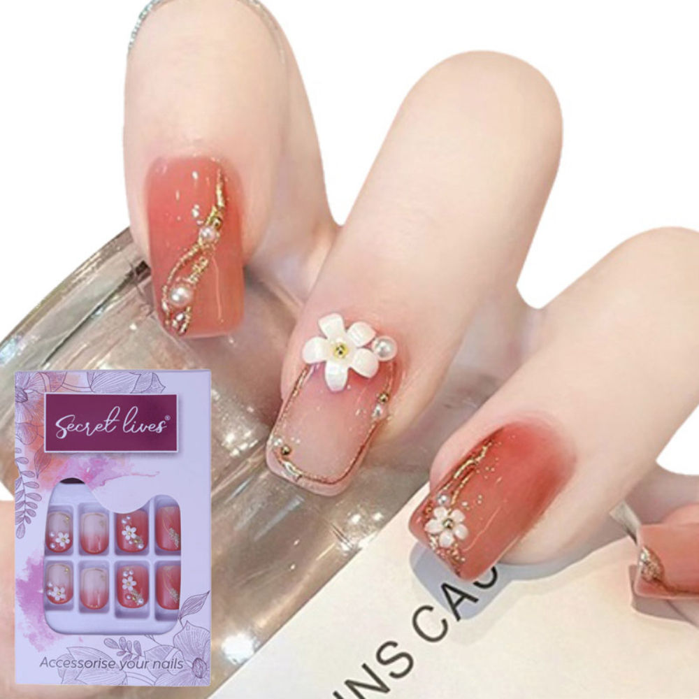 Glossy Redish Peach Color 3D White Flower With White Golden Pearl & Golden Glitter