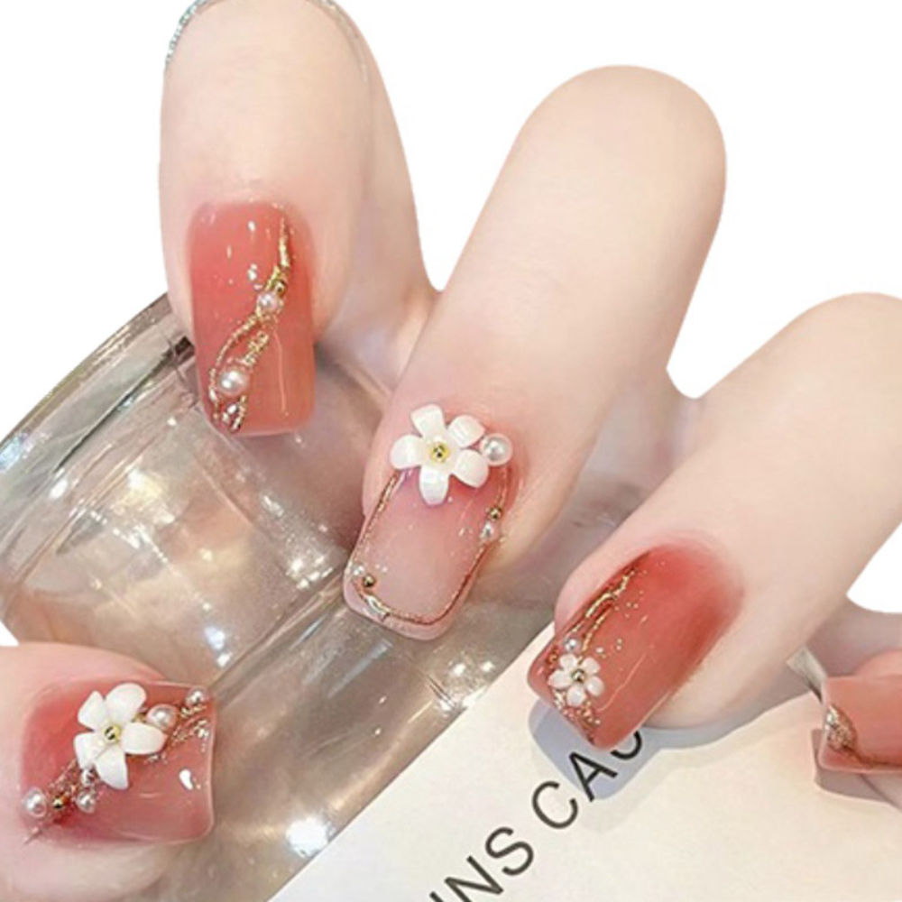 Glossy Redish Peach Color 3D White Flower With White Golden Pearl & Golden Glitter