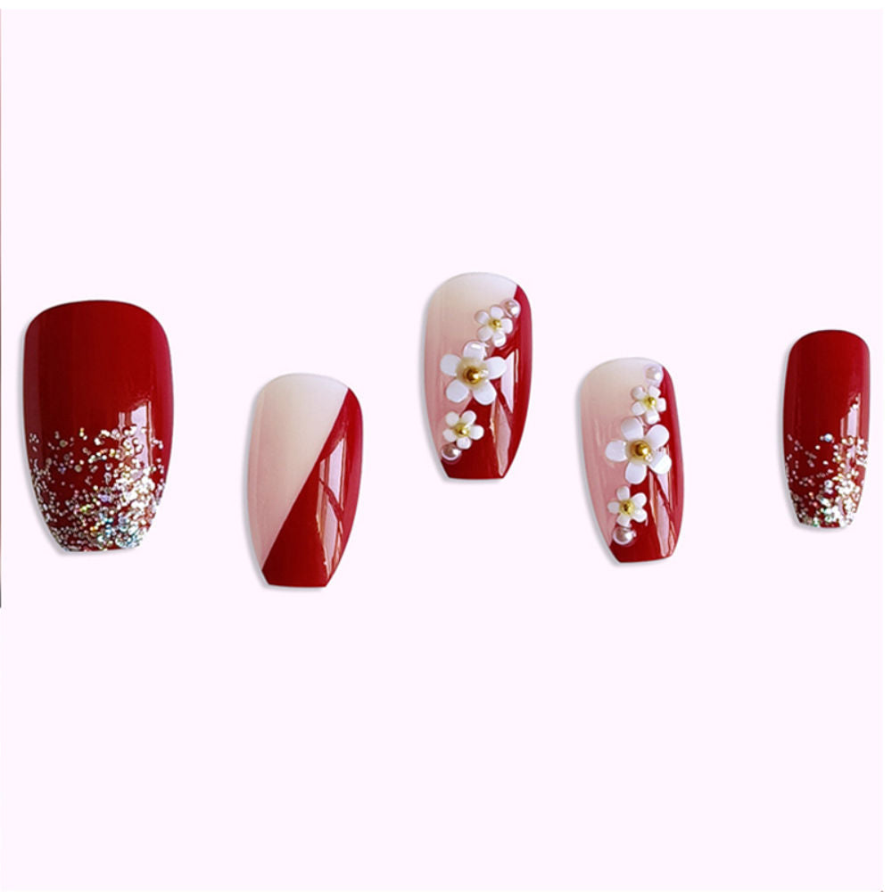 Wine Red Color With White 3D Flower & Golden Pearls