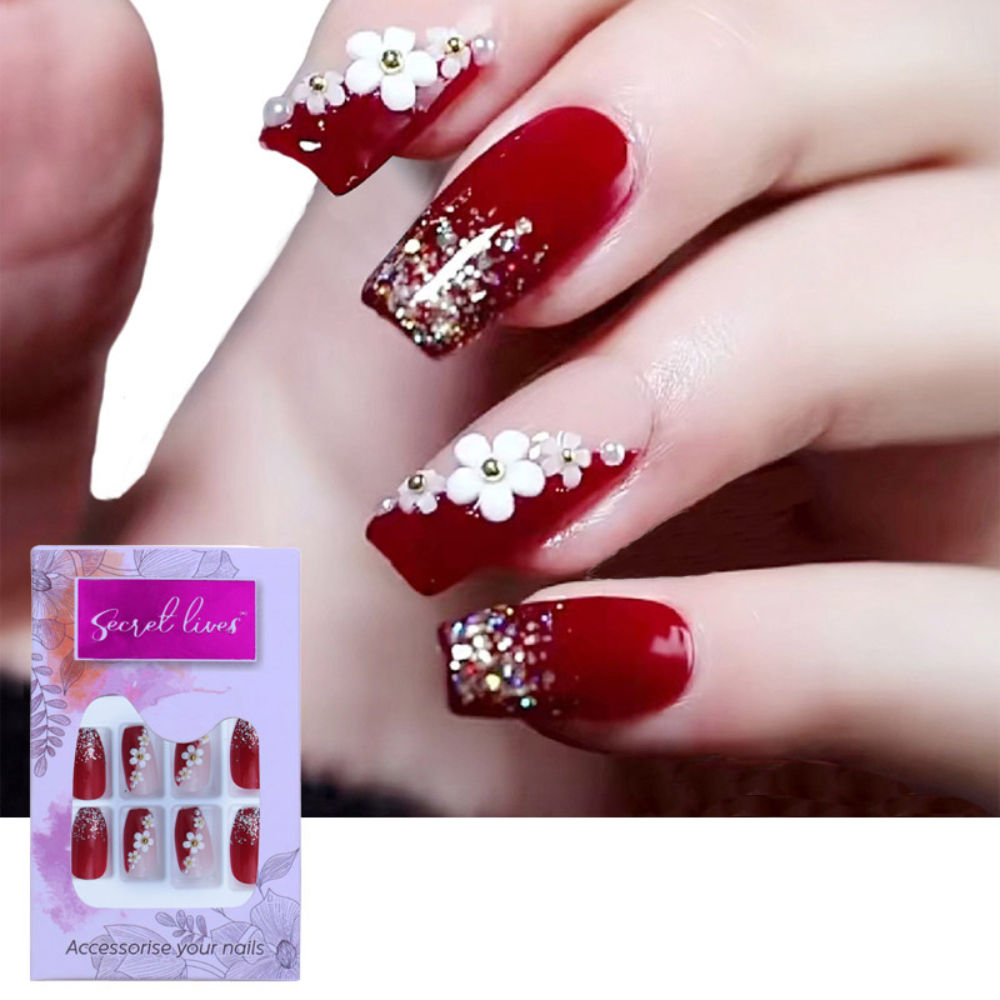 Wine Red Color With White 3D Flower & Golden Pearls