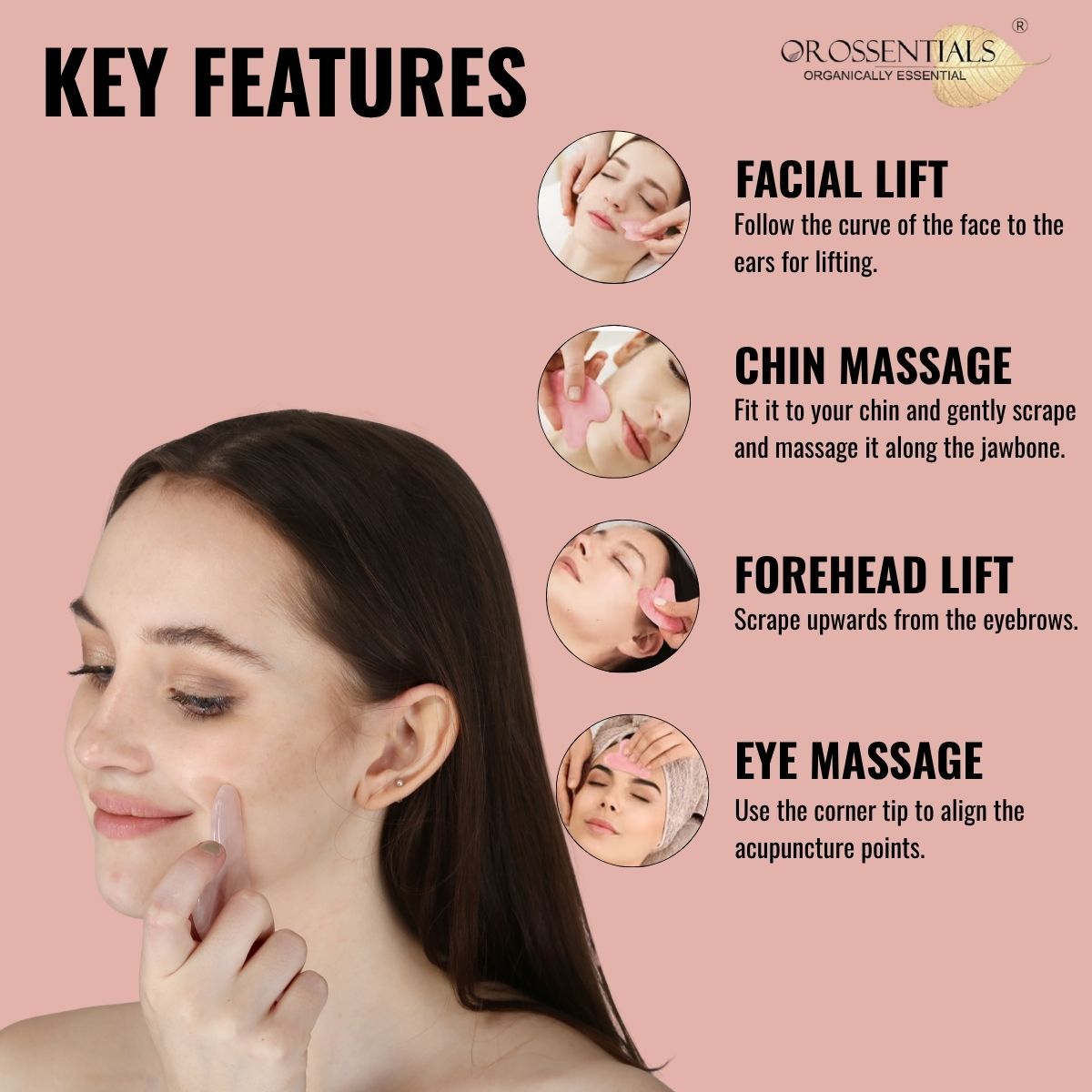 Rose Quartz Gua Sha Stone Face Massager For Face, Neck Glow & Skin Brightening