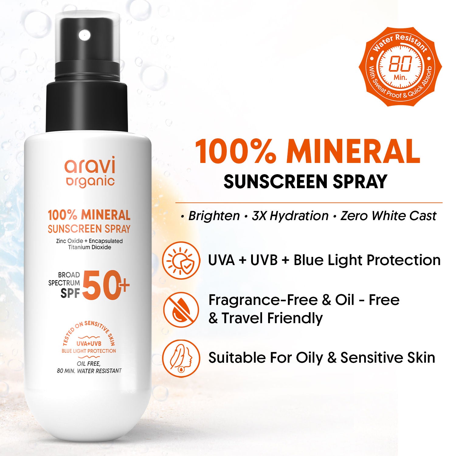 100% Mineral Sunscreen Spray SPF50 PA++++, Body & Face, Sunscreen For Oily & Dry Skin