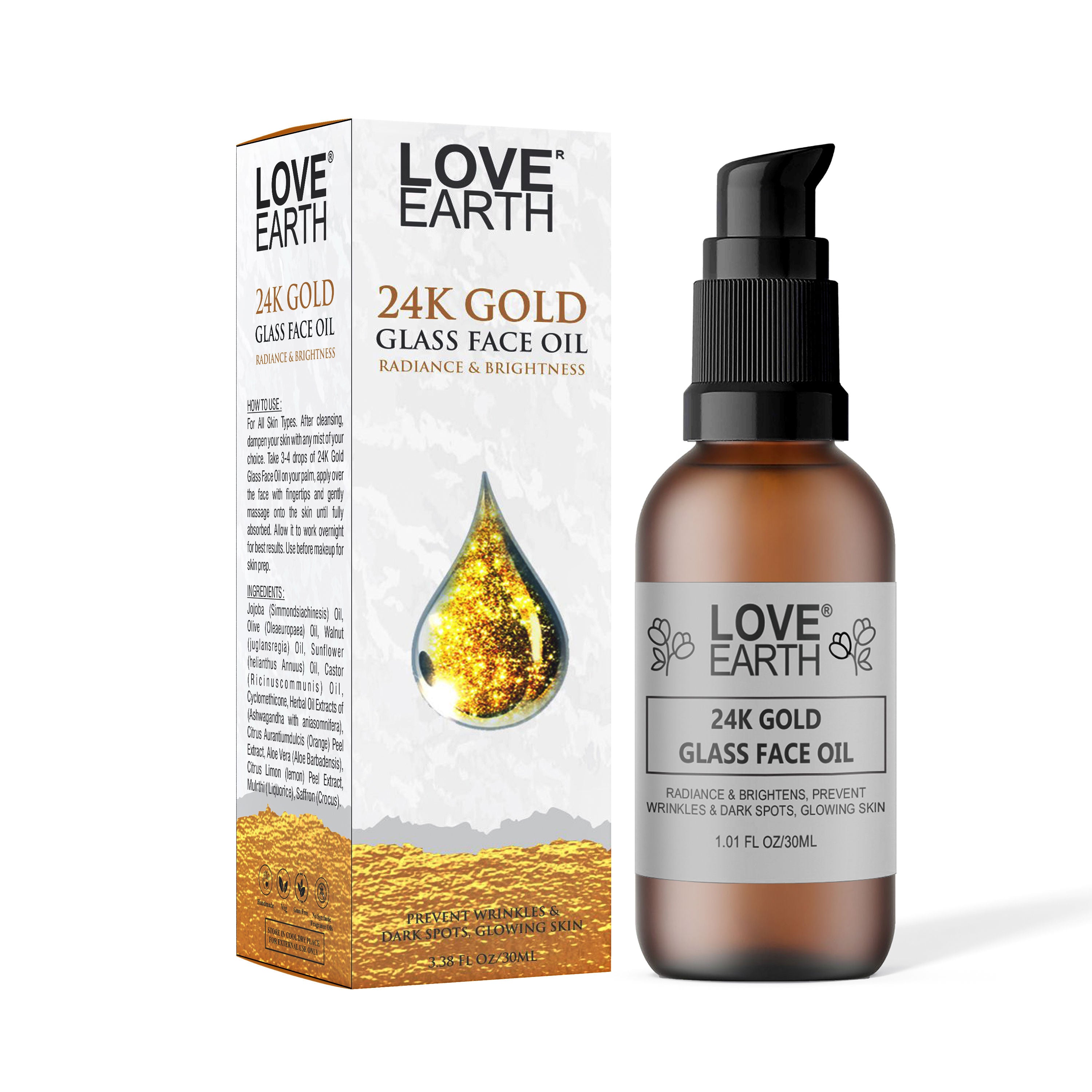 24K Gold Glass Face Oil for Skin Brightening Anti-Aging with Pure Essential Oils