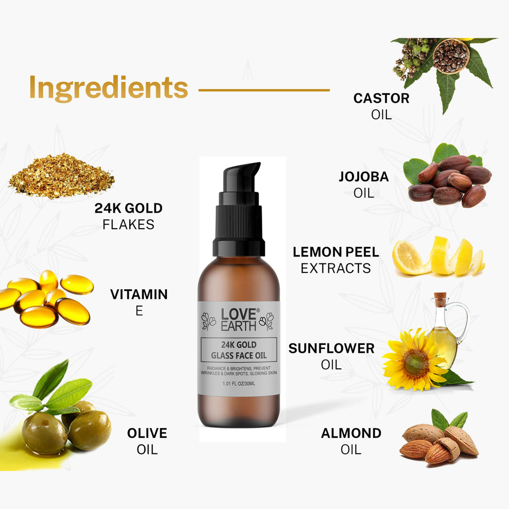 24K Gold Glass Face Oil for Skin Brightening Anti-Aging with Pure Essential Oils