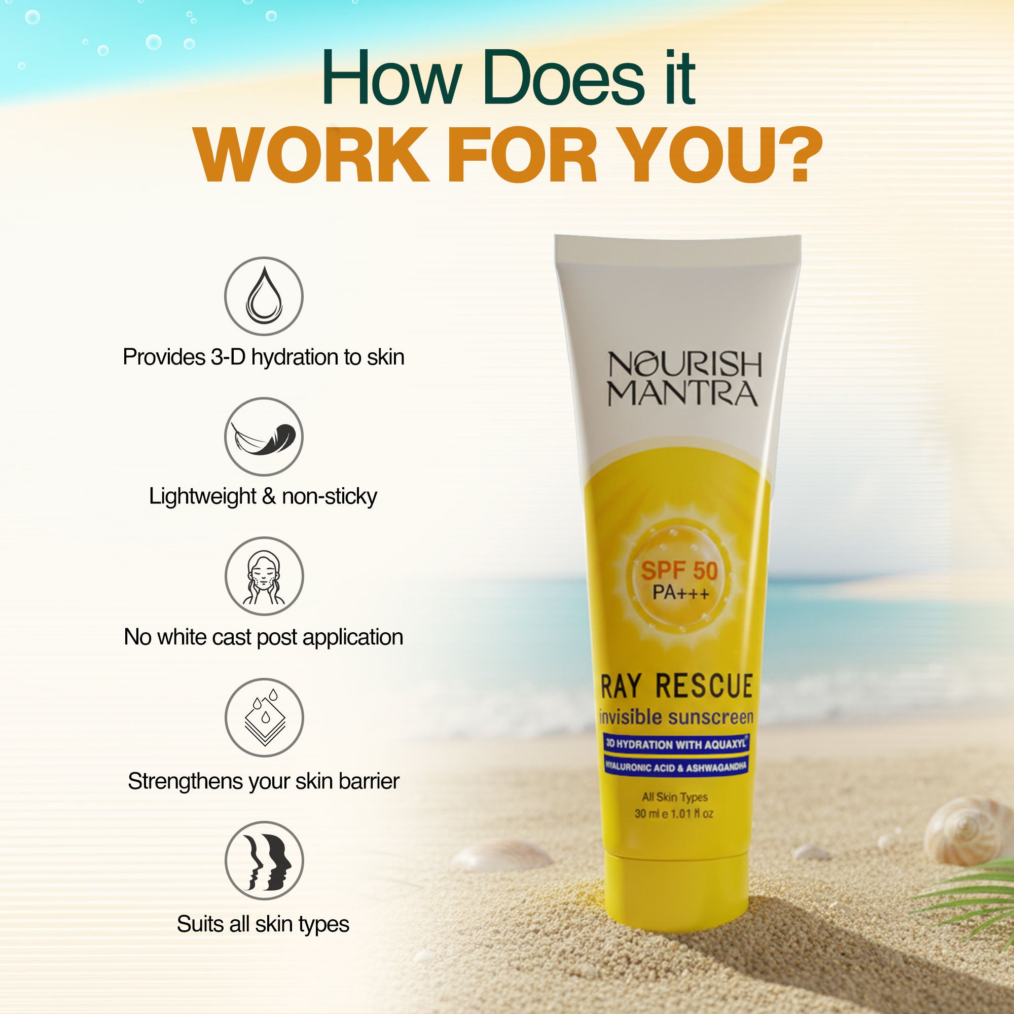Ray Rescue Invisible Sunscreen with SPF 50 & Aquaxyl for UV Protection