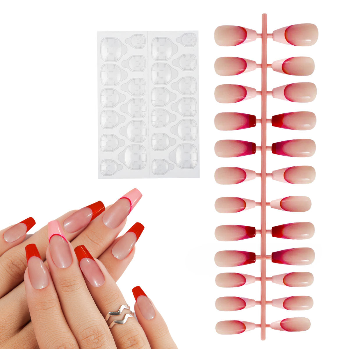 Press On Nails French Tip Reusable Artificial Stick On Fake Extensions & Glue Tabs Red Pink