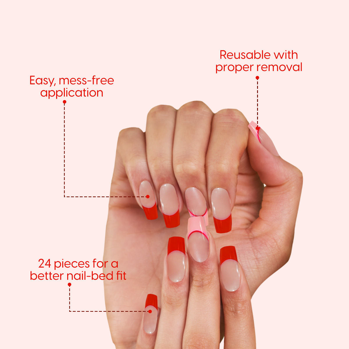 Press On Nails French Tip Reusable Artificial Stick On Fake Extensions & Glue Tabs Red Pink
