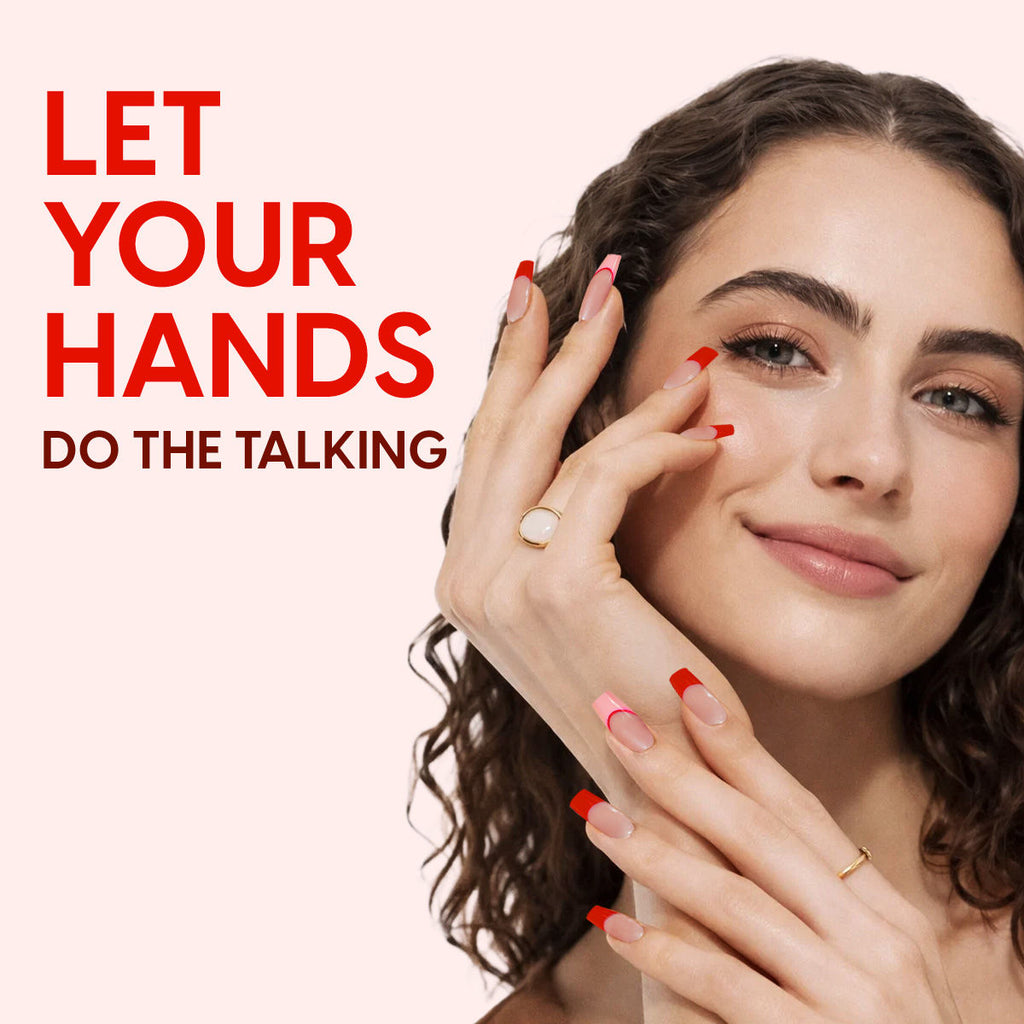 Press On Nails French Tip Reusable Artificial Stick On Fake Extensions & Glue Tabs Red Pink