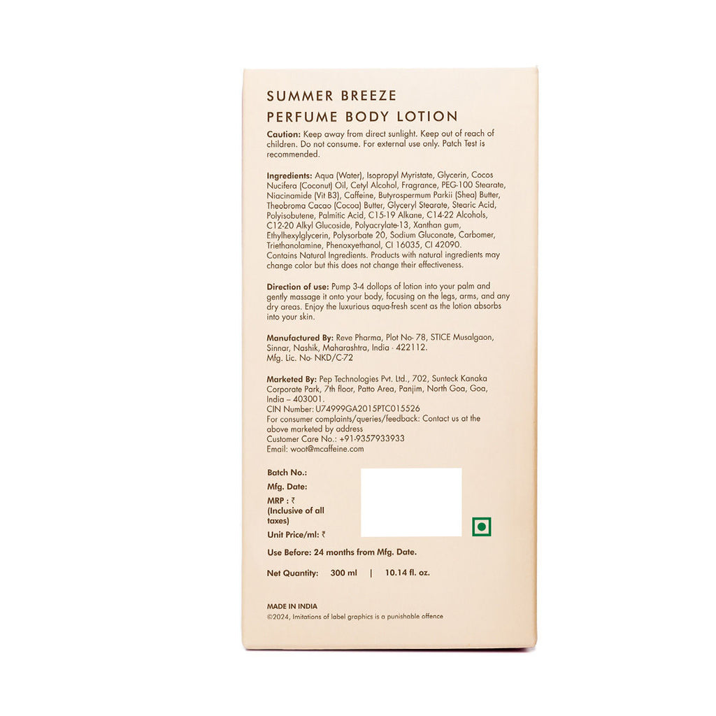 Summer Breeze Perfume Body Lotion With Niacinamide & Cocoa Butter Fresh Aquatic Fragrance