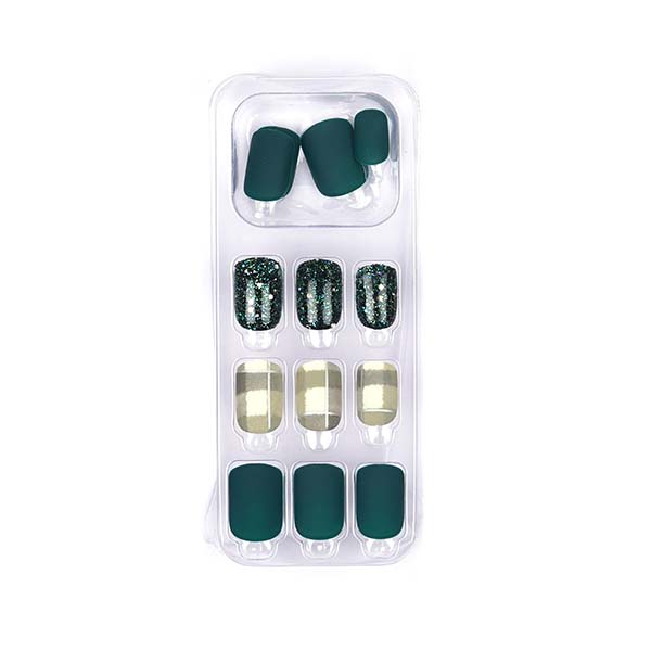 Emerald Green French Manicure Square Shape Artificial Acrylic Press On Nails