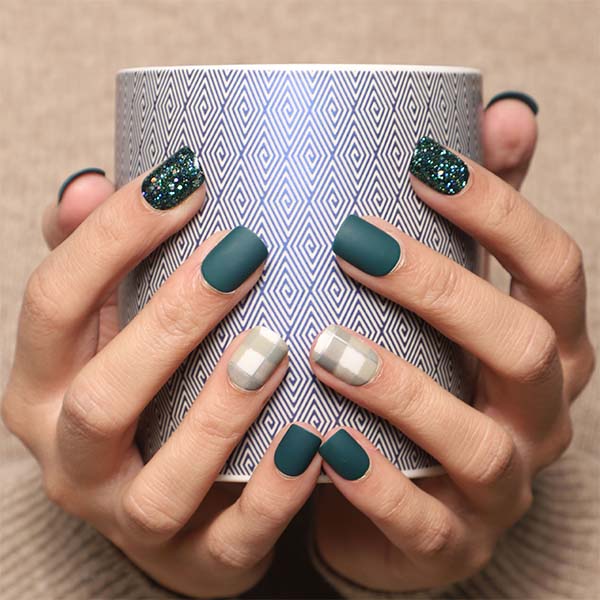 Emerald Green French Manicure Square Shape Artificial Acrylic Press On Nails