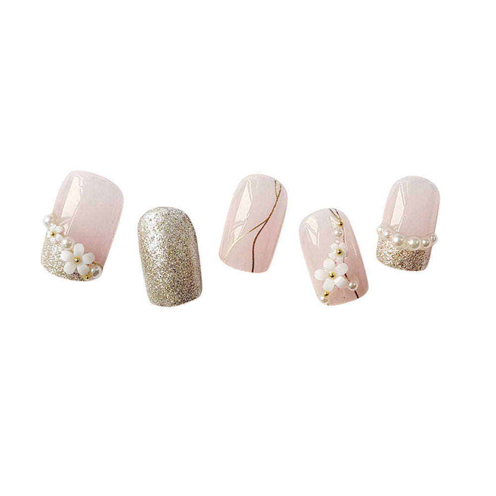 Translucent Pink Color With Silverish Golden Glitter 3D Flowers & Pearl Design