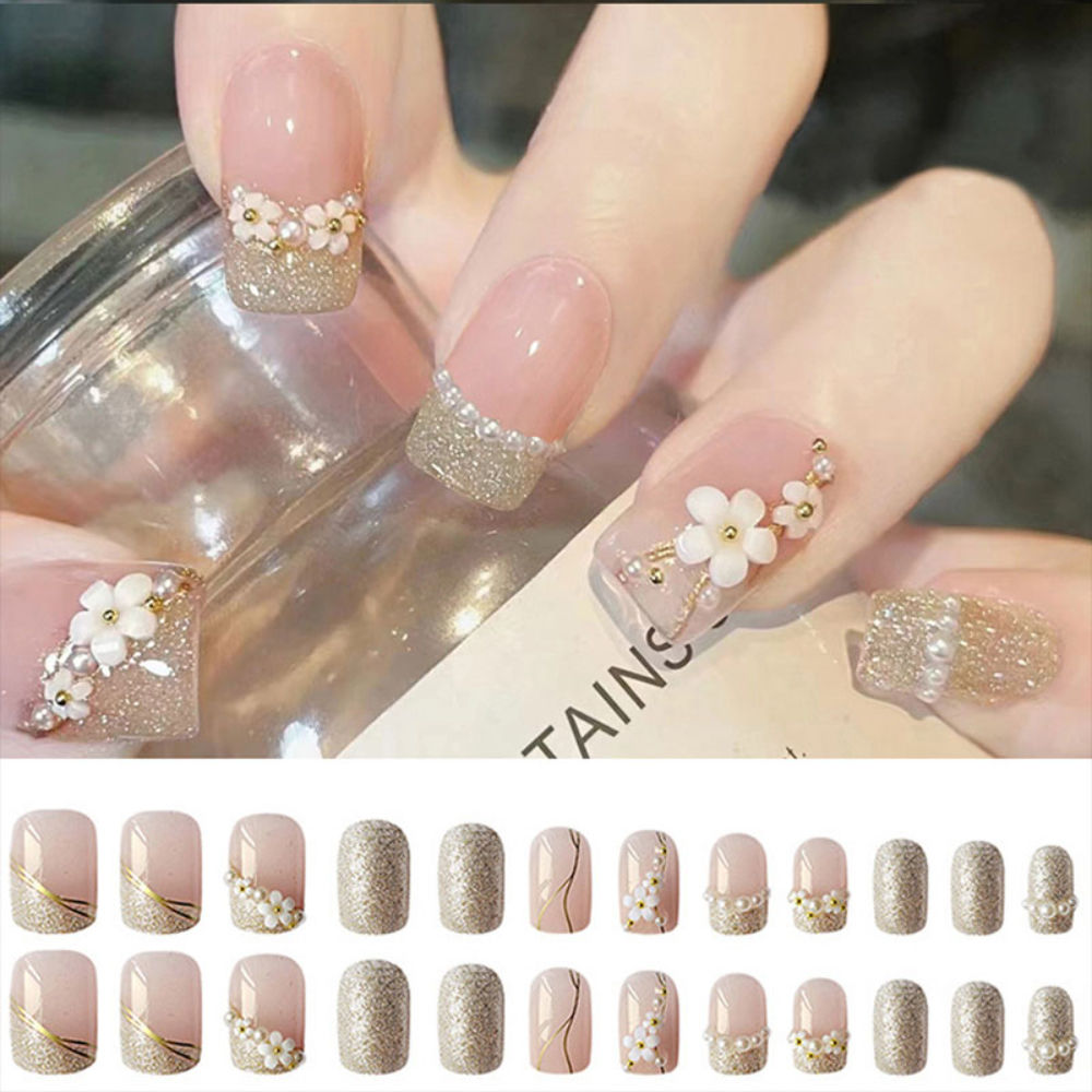 Translucent Pink Color With Silverish Golden Glitter 3D Flowers & Pearl Design