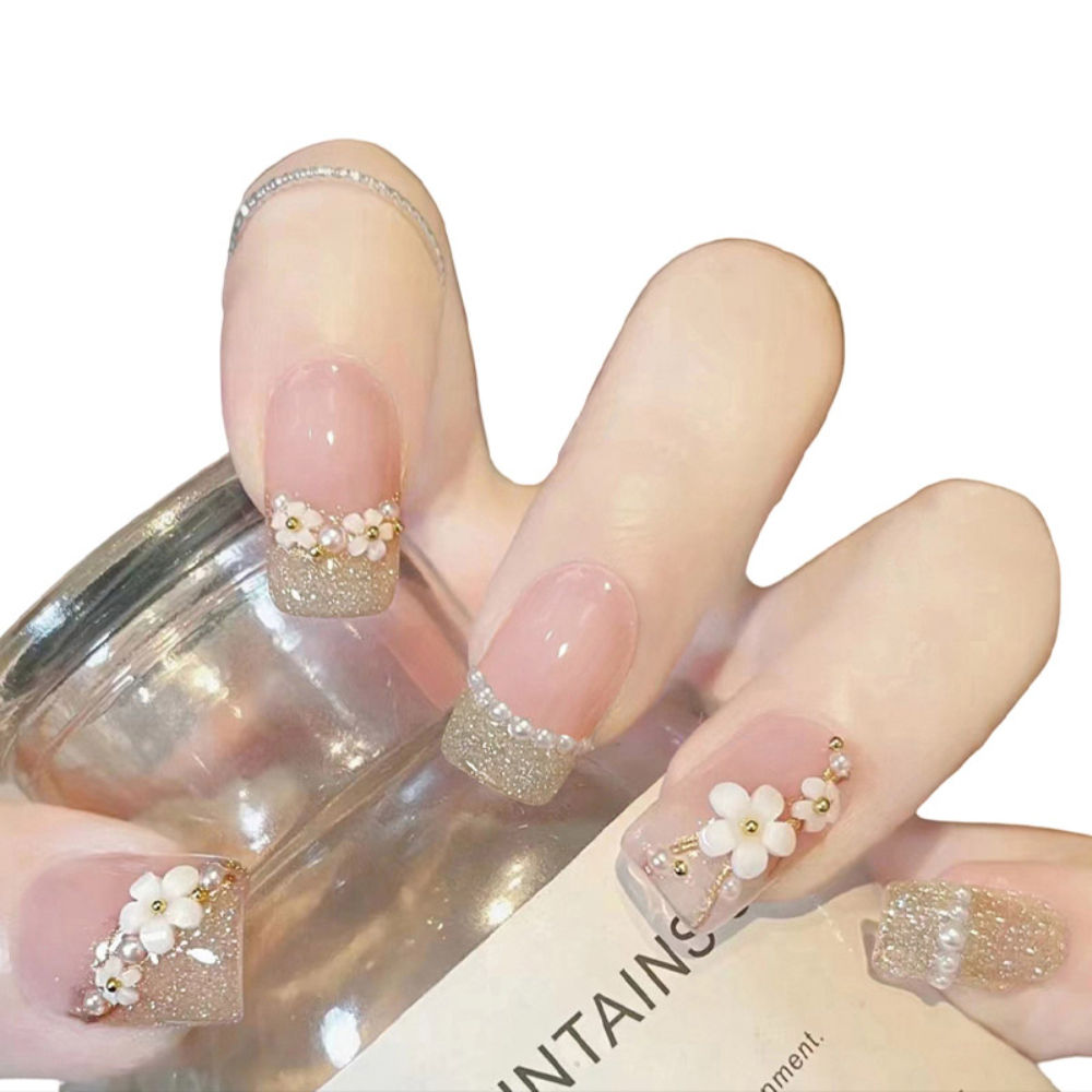 Translucent Pink Color With Silverish Golden Glitter 3D Flowers & Pearl Design