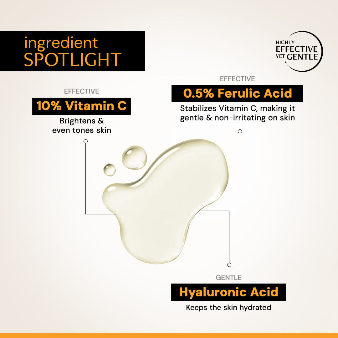 10% Vitamin C Face Serum with 0.5% Ferulic Acid, for Glowing Skin, Beginner-friendly