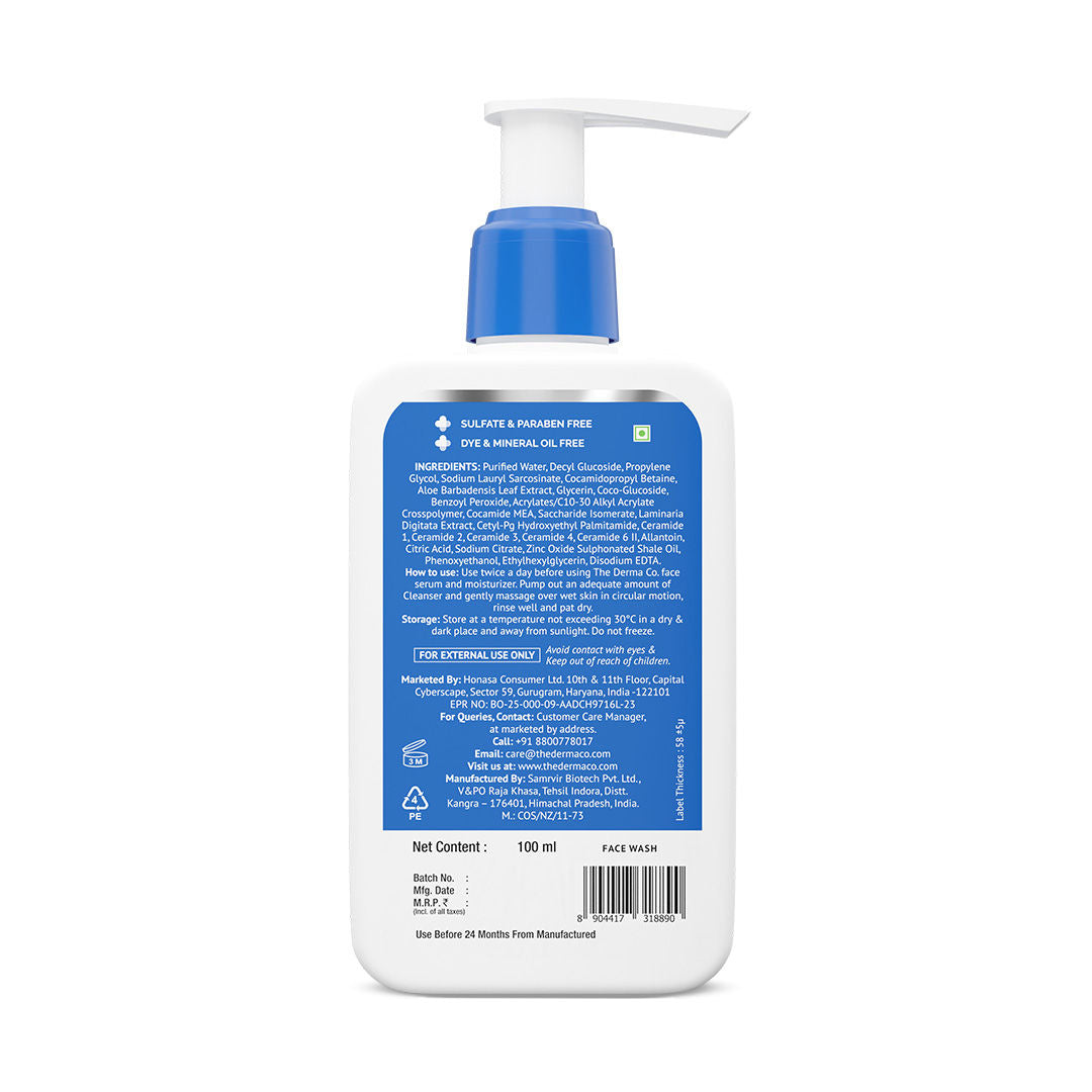 2.5% Benzoyl Peroxide Gel Face Wash with Ceramides For Acne,Inflammation & Oily Skin