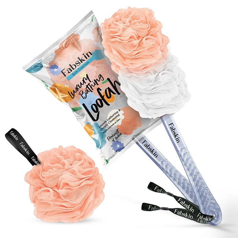 Loofah Duo Pack- Bath Brush With Long Handle & Round Loofah- For Men & Women- Peach & White
