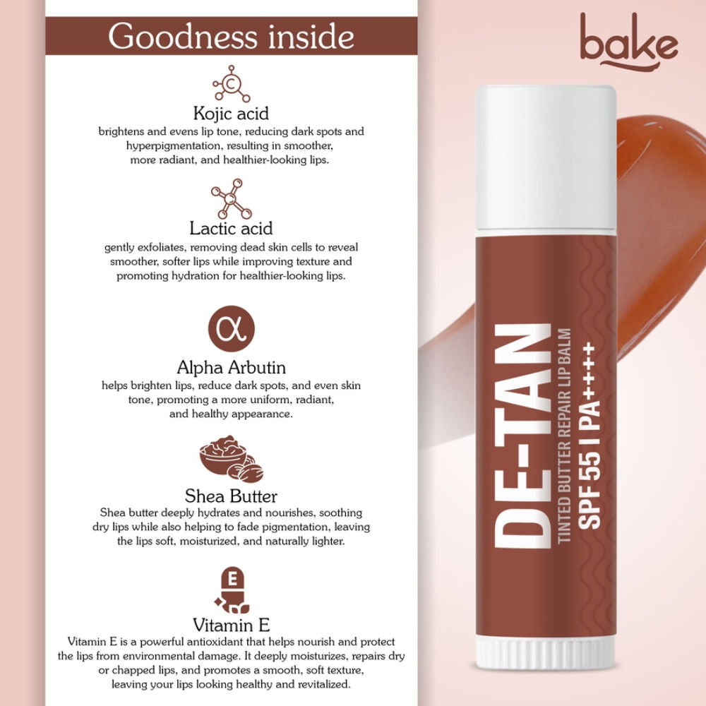 De-Tan Tinted Butter Lip Balm SPF 55PA++++with Kojic Acid For Tanned, Dark & Pigmented Lips