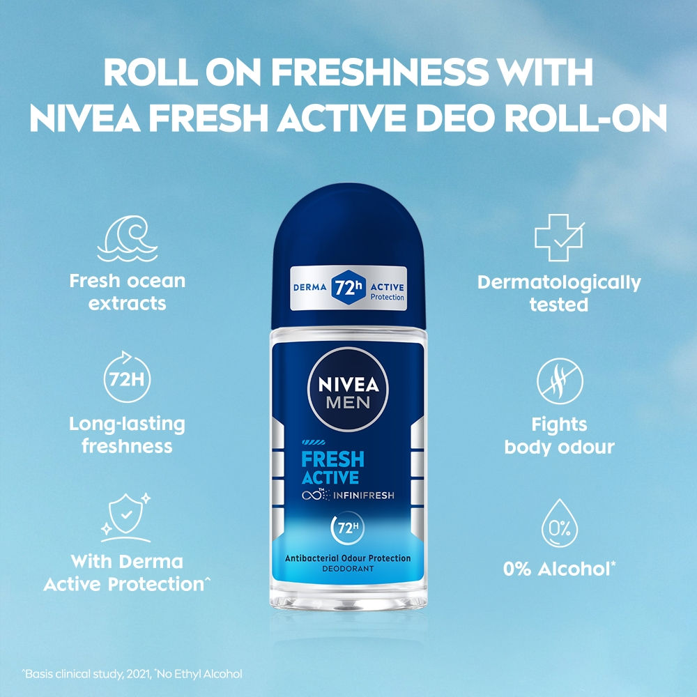 MEN Deodorant Roll On, Fresh Active, 48h Long lasting Freshness