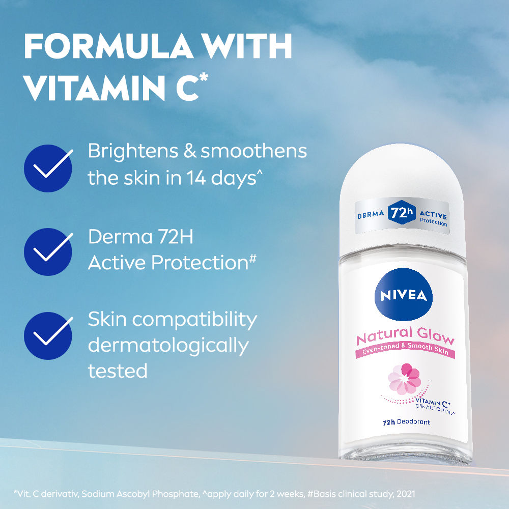 Natural Glow Even Toned Vit C & 0% Alcohol Deo Underarm Roll On 72Hr Active Protection