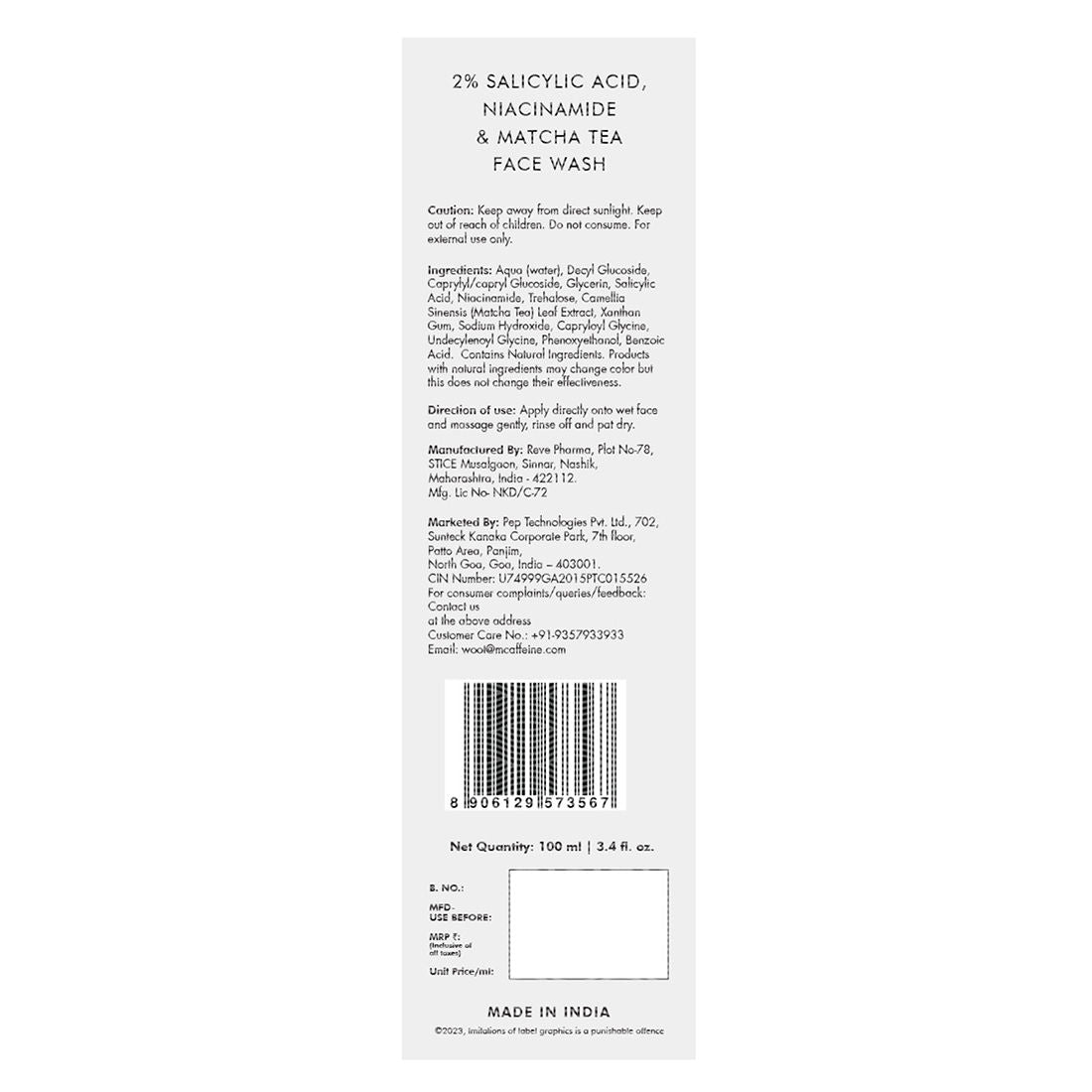 2% Salicylic Acid Anti Acne Face Wash With Niacinamide & Matcha Tea, For Oil Control
