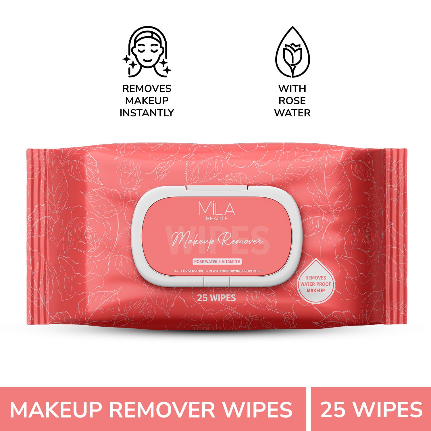Makeup Remover Wipes Hydrating & Refreshing With Rosewater & Vitamin E - 25 Wipes