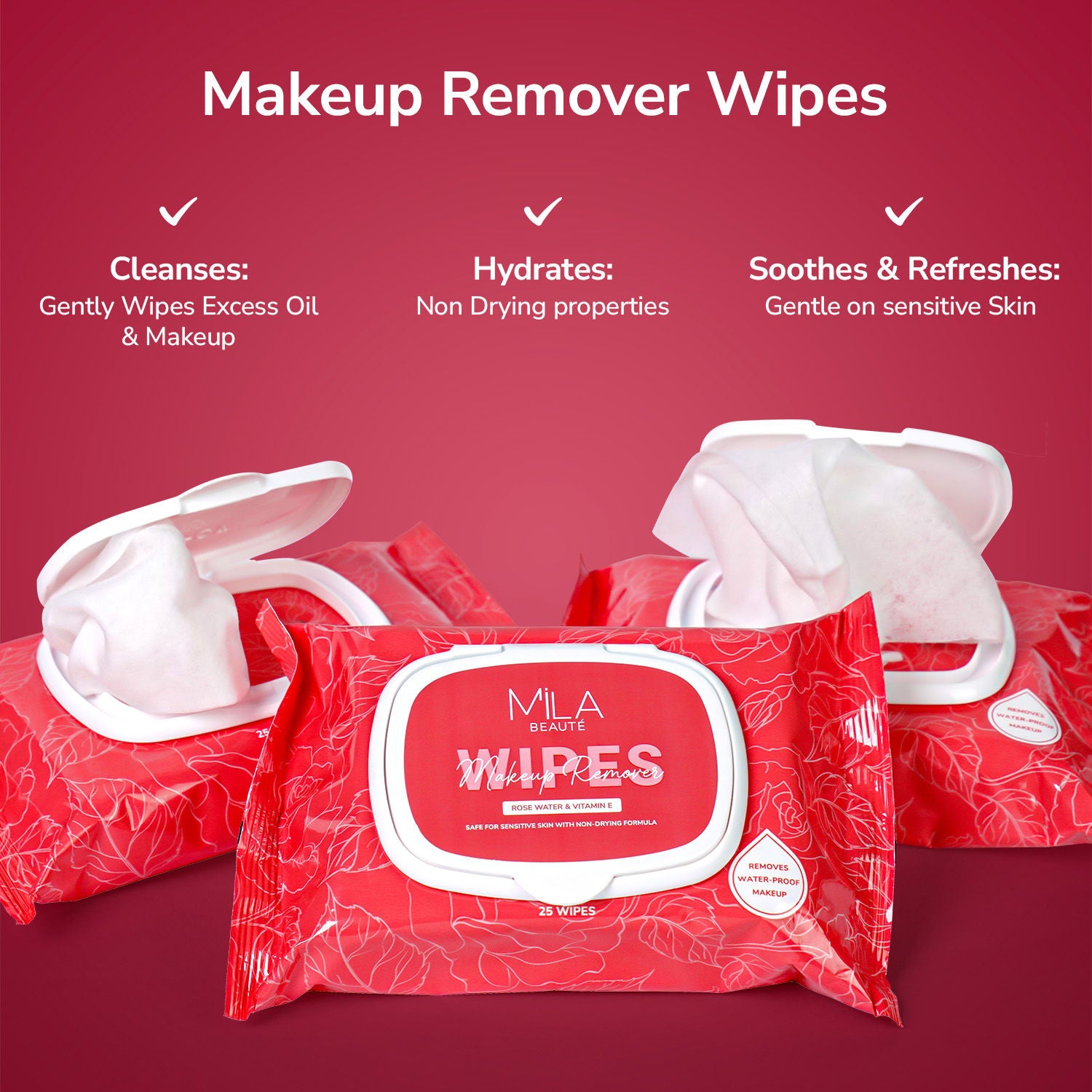 Makeup Remover Wipes Hydrating & Refreshing With Rosewater & Vitamin E - 25 Wipes