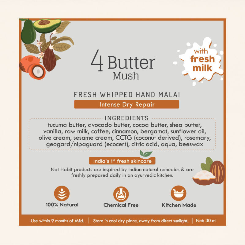 4 Butter Mush Hand Malai - Shea,Tucuma,Avocado & Cocoa, Hand Moisturizer Cream - Dry Skin