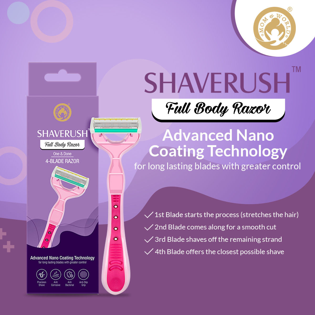 Shaverush Full Body Razor With 4 Blades Nano Coating Technology & Lubricating Strip