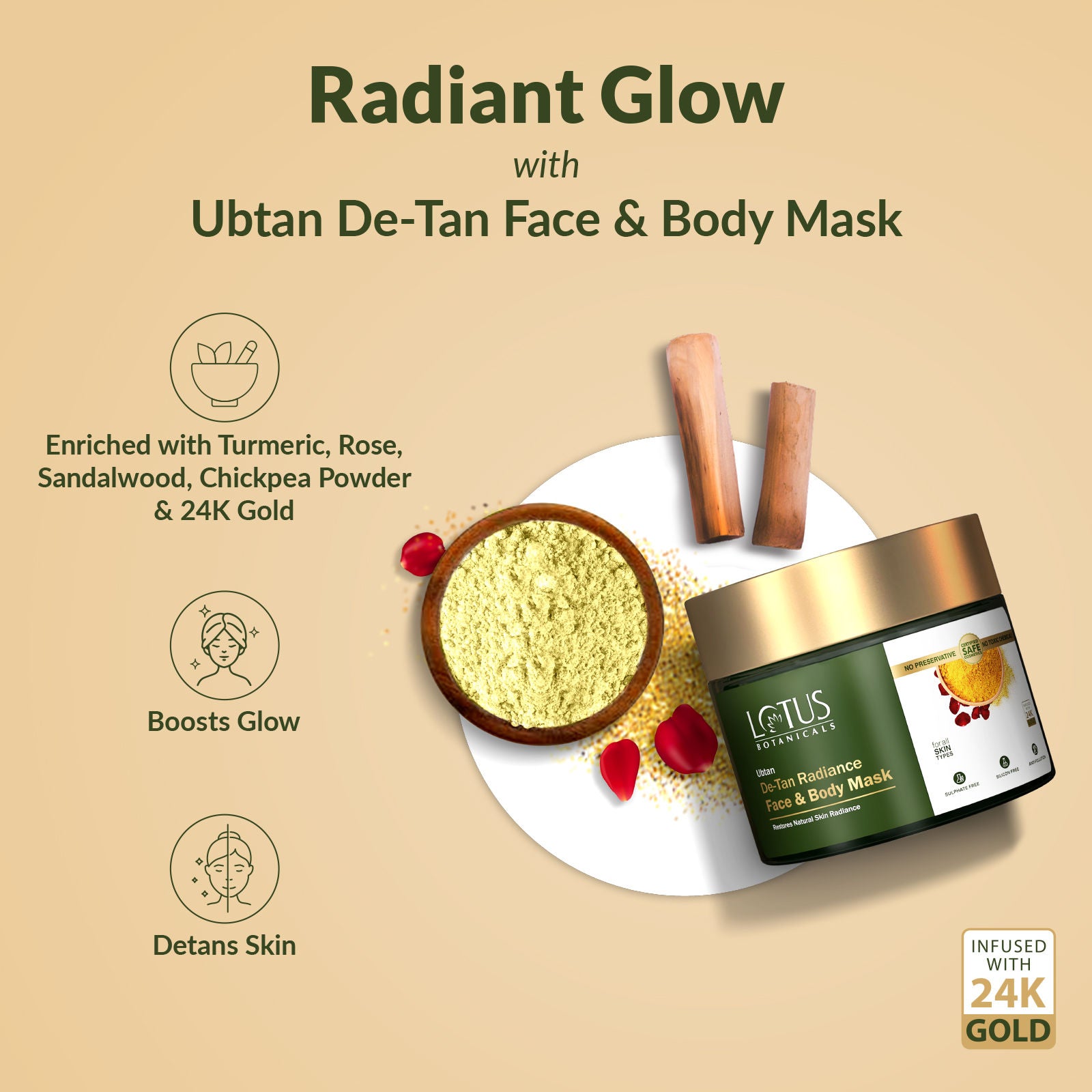 Ubtan De-Tan Radiance Face And Body Mask,Infused with 24K Gold,Reduce Skin Tanning