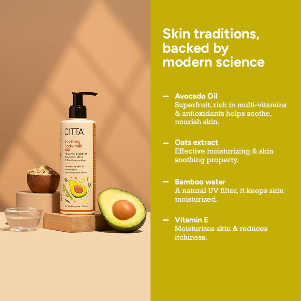 Soothing Body Milk Light Moisturizing Lotion Spf15 With Avocado, Oats & Bamboo Water