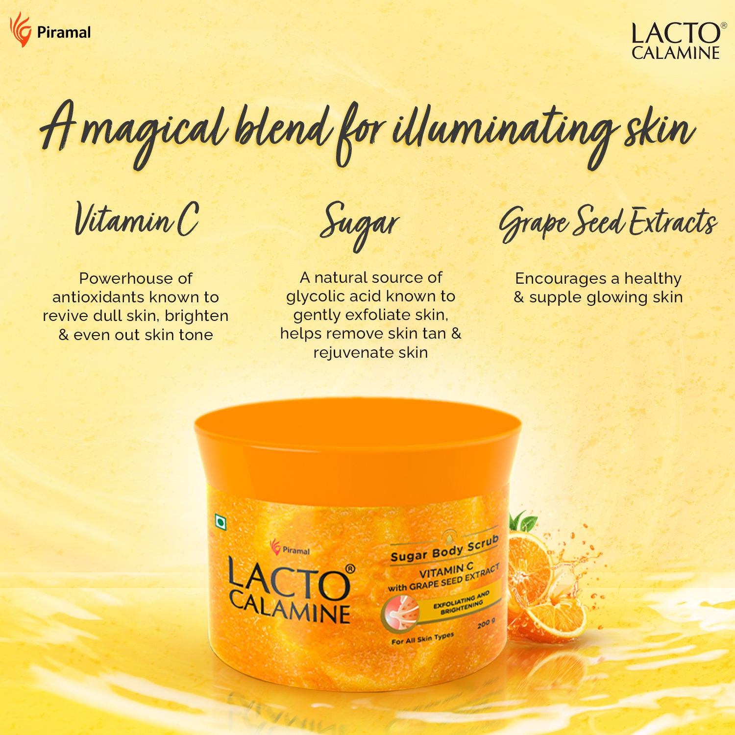 Vitamin C Sugar Body Scrub, Mild Exfoliation+Glowing Skin Scrub, With Glycolic Acid