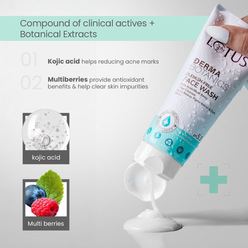 Lotus DermaBotanics Kojic Acid + Multi Berry Blemish-Free Face Wash, pH5.5, For Sensitive Skin