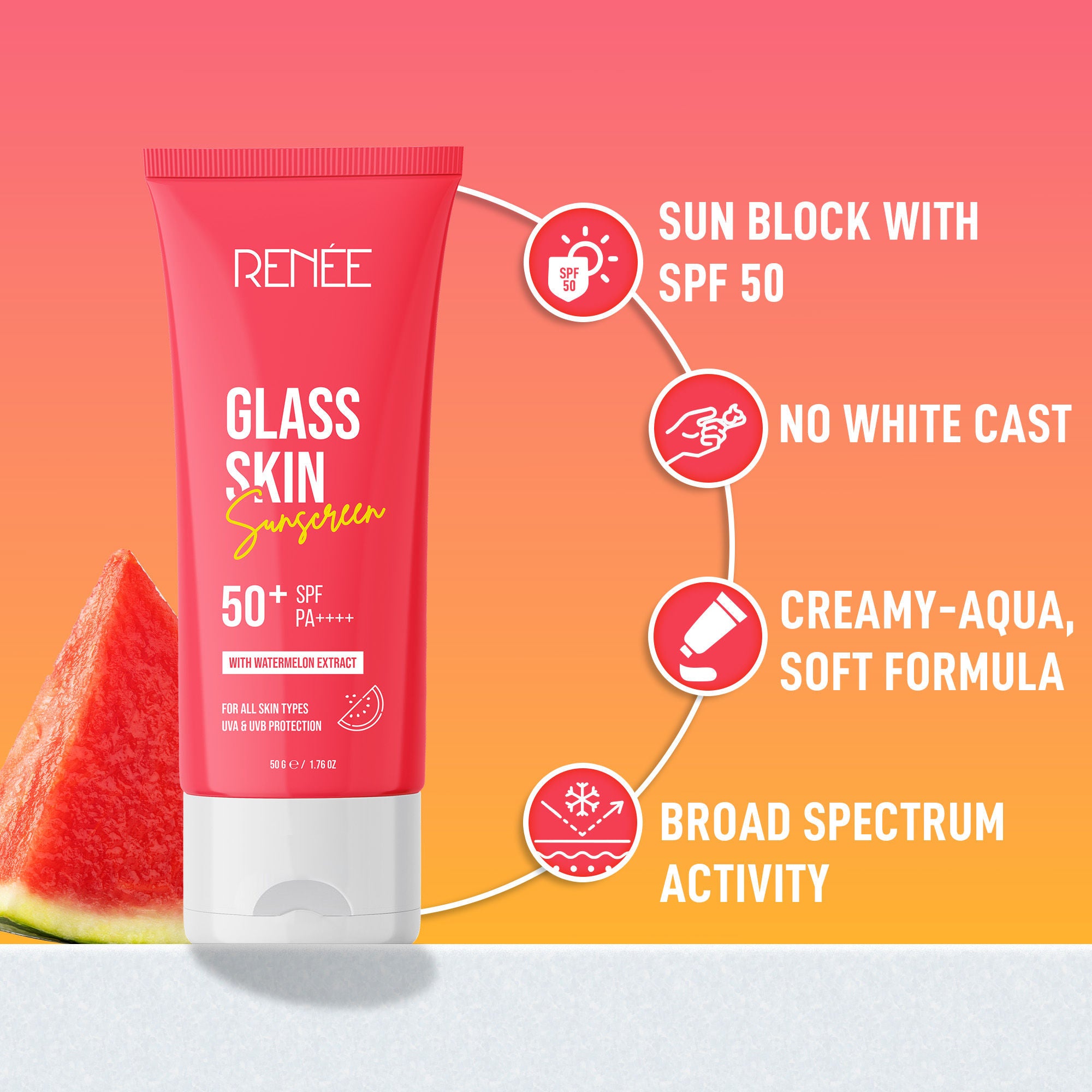 RENEE Glass Skin Gel Sunscreen with SPF 50+, Lightweight, Hydrating & Non-Sticky, Zero White Cast