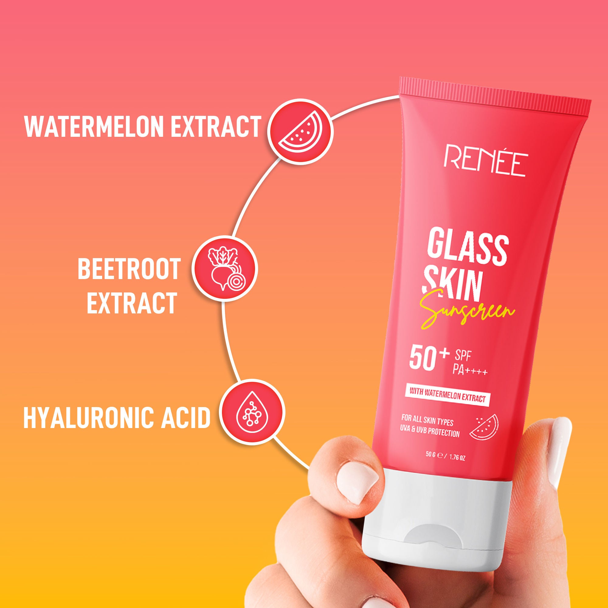 RENEE Glass Skin Gel Sunscreen with SPF 50+, Lightweight, Hydrating & Non-Sticky, Zero White Cast