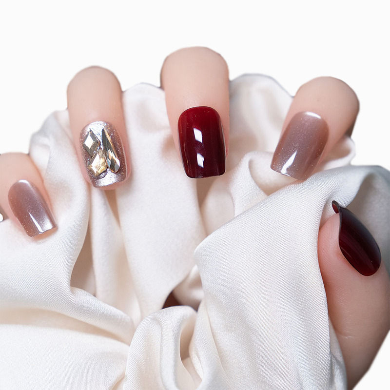 Cats Eye Crystals Design Dark Red Color Press on Nails