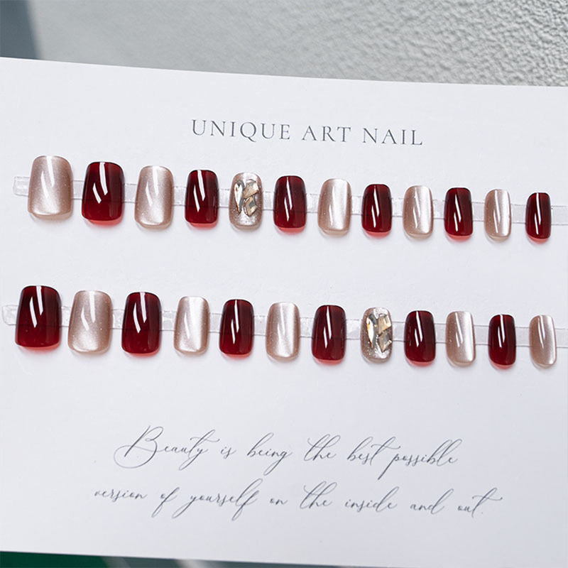 Cats Eye Crystals Design Dark Red Color Press on Nails