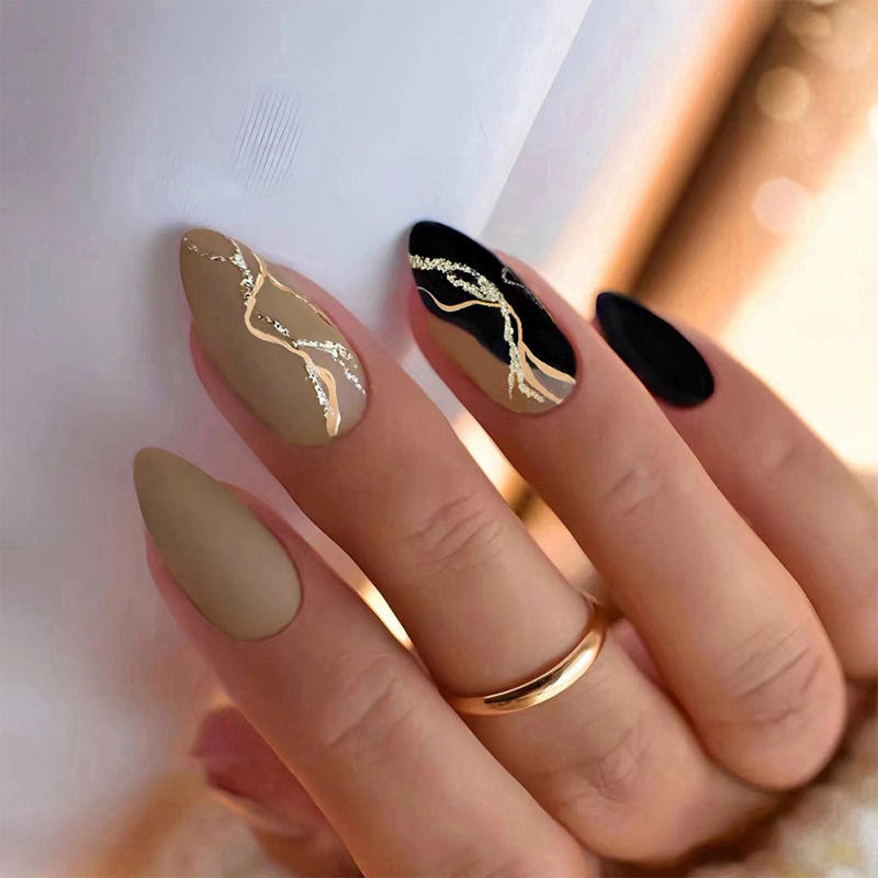 Brown & Black Color with Golden Glitter Design Press On Nails