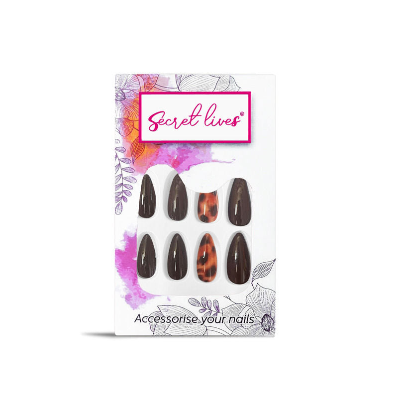 Dark Brown Color with Translucent Leopard Print Press On Nails
