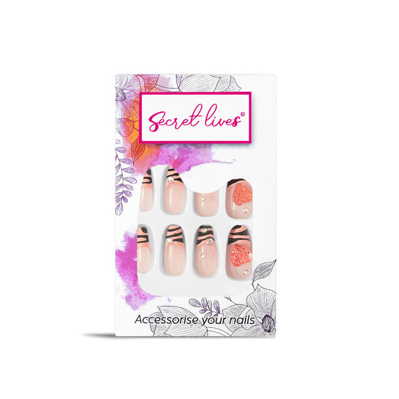 Peach Black Color with 3d White Studs & Heart Press On Nails