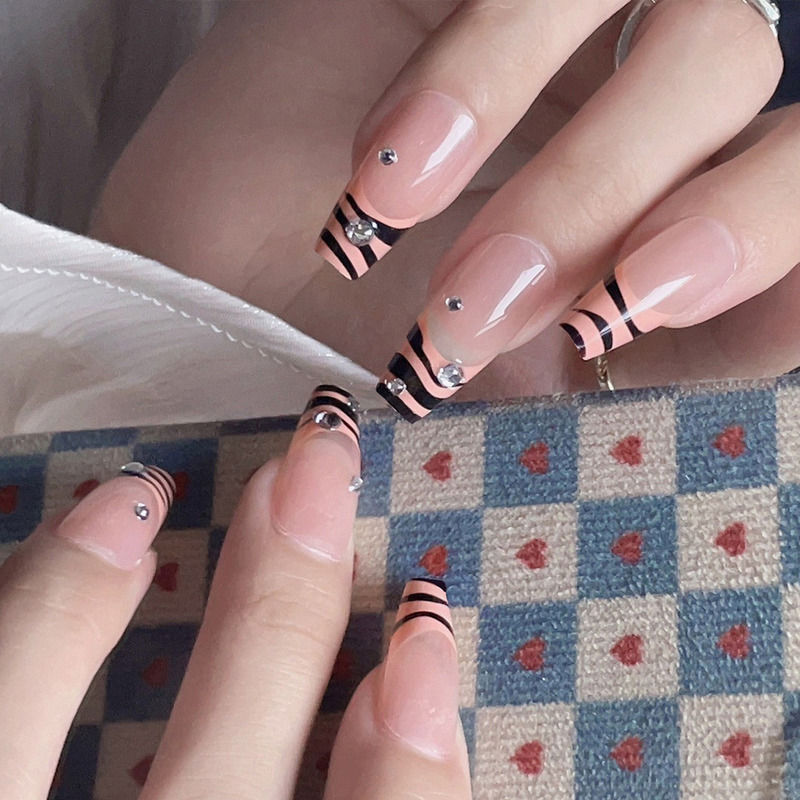 Peach Black Color with 3d White Studs & Heart Press On Nails