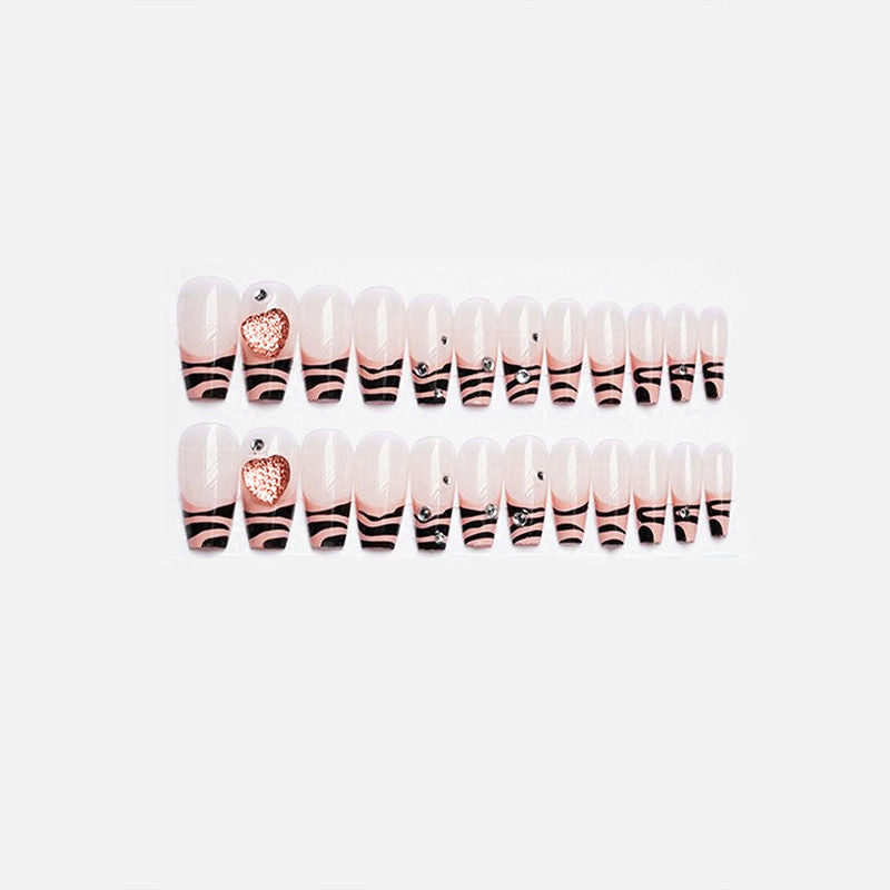 Peach Black Color with 3d White Studs & Heart Press On Nails