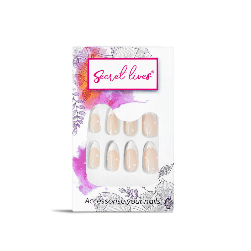 Almond Shape Cream Color with 3D White Pearls Press On Nails
