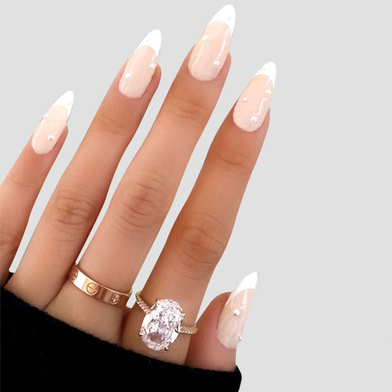 Almond Shape Cream Color with 3D White Pearls Press On Nails