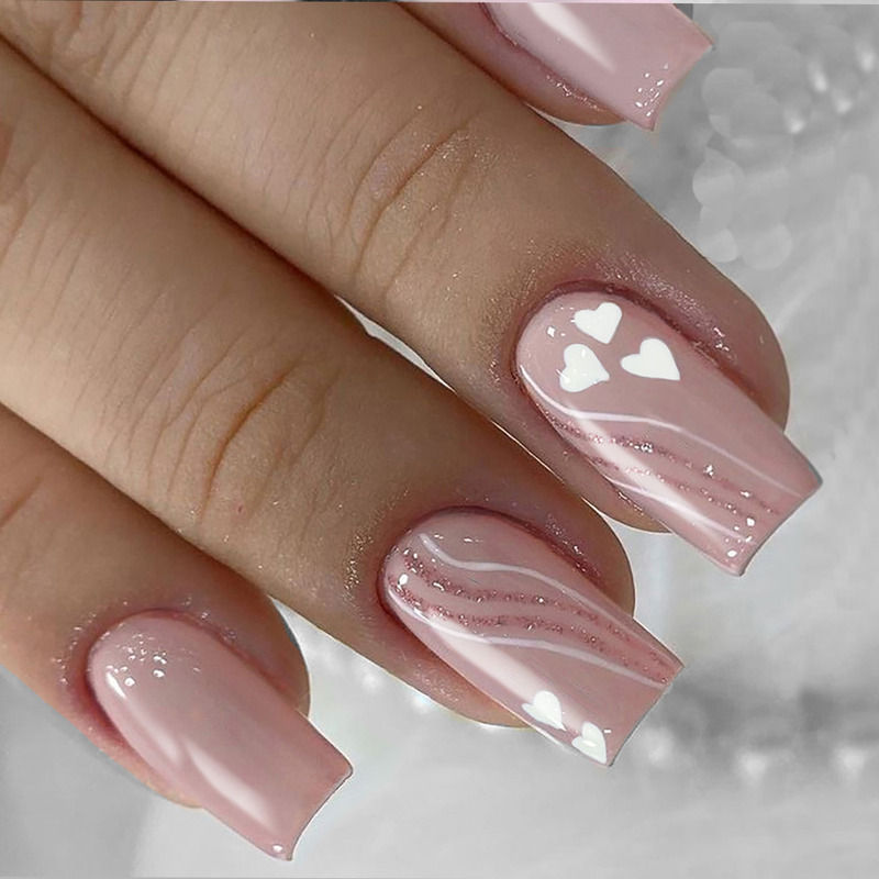 Square Shape Lavendar Pink Color with White Heart Pink Glitter Press On Nails