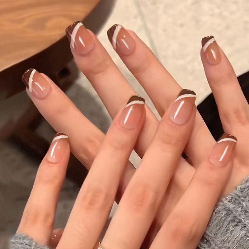 Nude Color with Off White Strips & Brown Tips Press On Nails