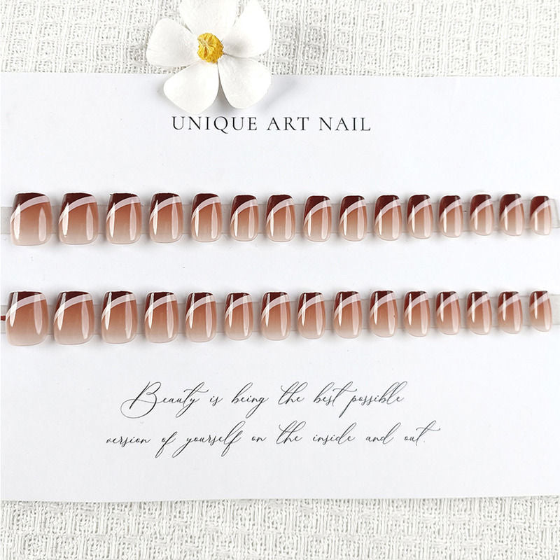 Nude Color with Off White Strips & Brown Tips Press On Nails